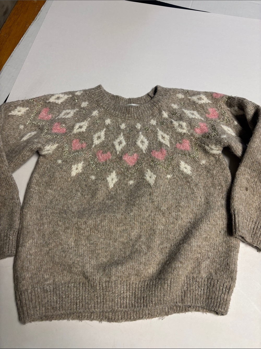H&M Taupe Knit Sweater with Pink & Cream Heart Yoke
